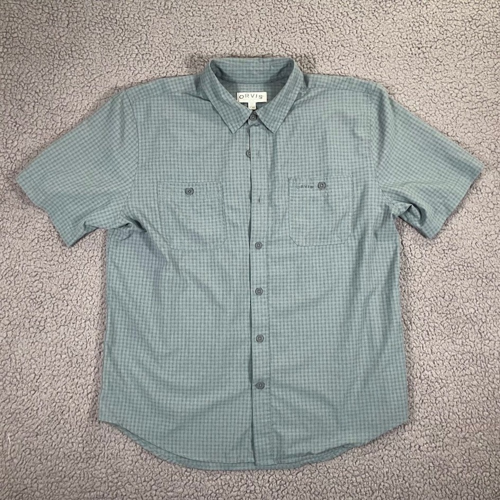 Orvis Mens Large Sage Green Micro Check Short Sleeve Button Down Shirt Pockets